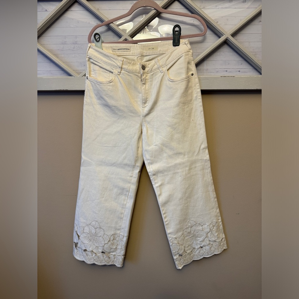 ANTHROPOLOGIE PILCRO Cropped Wide Leg Jeans Midrise Ecru Cutout‎ Embroidery 30